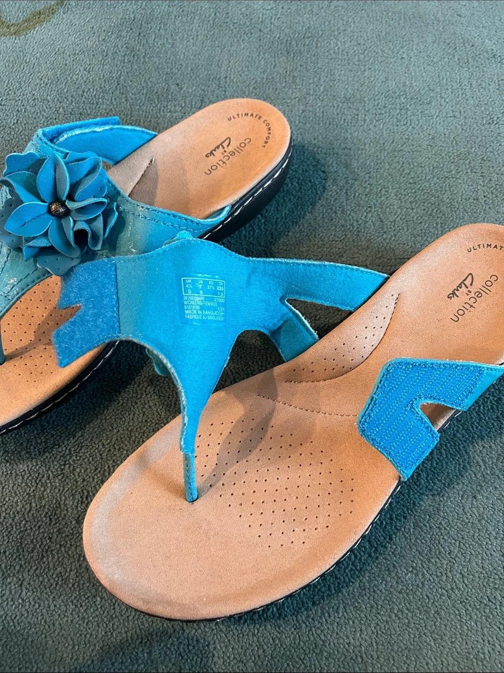 Clarks Turquoise Floral Thong Sandals Adjustable